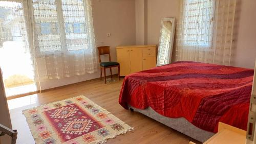 1 dormitorio con 1 cama con edredón rojo en Şencan House, 