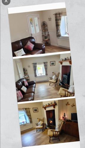 two pictures of a living room with a leather couch at Granny Dens in Donegal