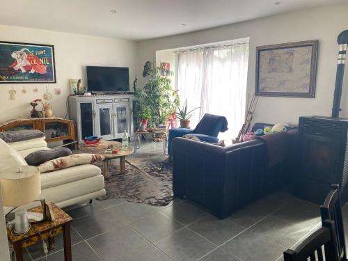 a living room with a couch and a tv at CHAMBRE D HOTES CHEZ DANY MAOWMAOW ET GARFIELD in Bellevue-la-Montagne