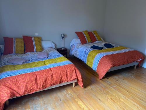 two beds sitting next to each other in a room at CHAMBRE D HOTES CHEZ DANY MAOWMAOW ET GARFIELD in Bellevue-la-Montagne