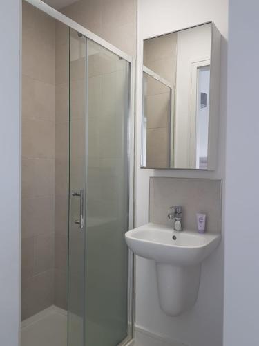 a bathroom with a sink and a glass shower at Barnoaks House - Private Room Ensuite Bathroom HomeStay in Dublin