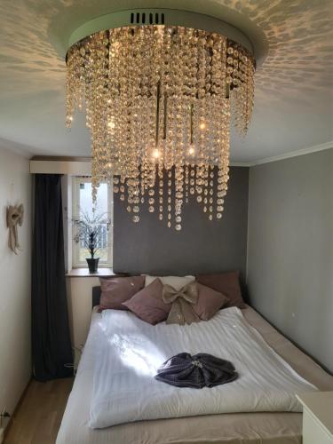 a bedroom with a bed with a large chandelier at TT Mansion in Oslo
