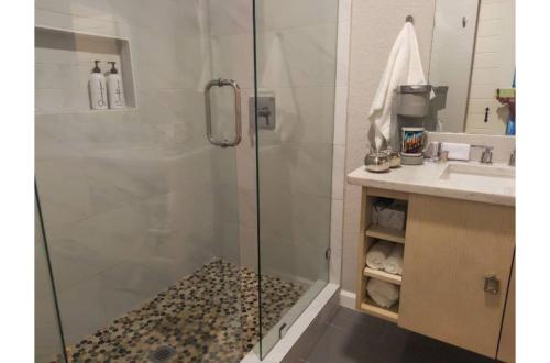 a shower with a glass door next to a sink at Charming Studio wDeck Garden in San Antonio