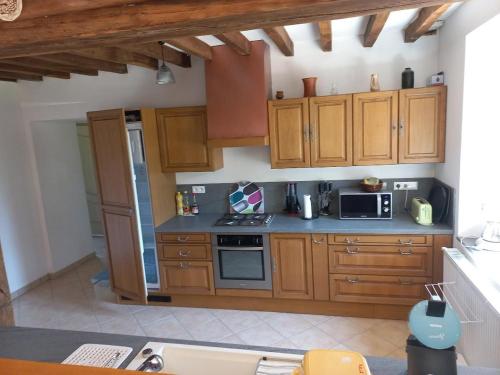 a kitchen with wooden cabinets and a stove top oven at Les hirondelles in Les Gallichets