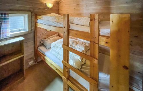 um quarto com 2 beliches num chalé de madeira em Beautiful Home In Grue Finnskog With Kitchen em Svullrya