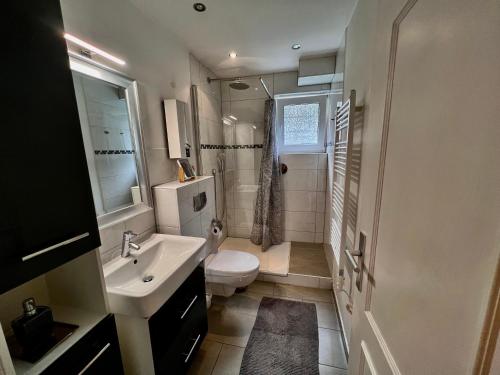 ein Bad mit einem Waschbecken, einem WC und einer Dusche in der Unterkunft Life Apartment in Essen