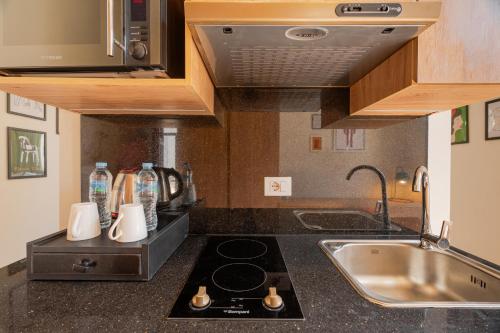 a kitchen with a stove top oven next to a sink at Brassbell studios in Zamalek in Cairo