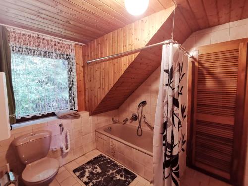 uma casa de banho com uma banheira, um WC e um lavatório. em Haus-Daxberg-idyllisch-gelegen-im-Bayerischen-Wald em Eppenschlag