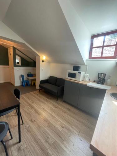a room with a kitchen and a living room with a couch at Apple Economy Hotel in Kaunas