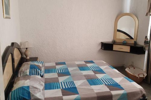 ein Schlafzimmer mit einem Bett mit einer Decke darauf in der Unterkunft Appartment et piscine in Flic-en-Flac