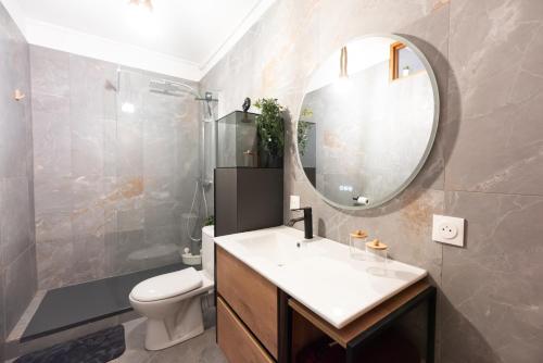 La salle de bains est pourvue d'un lavabo, d'un miroir et de toilettes. dans l'établissement Appartement cosy de 80 m2, à Mulhouse