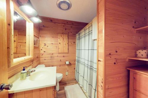 een badkamer met houten wanden, een wastafel en een toilet bij Northwoods Resort in Woodruff