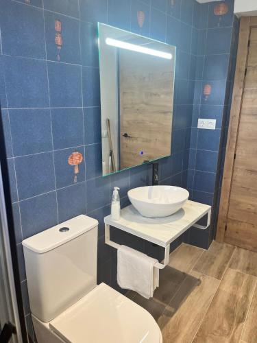 a bathroom with a white toilet and a sink at El Brollador in Corbera