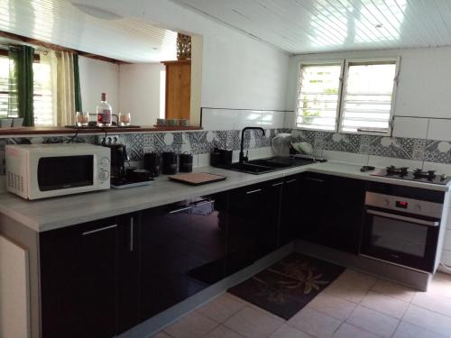 a kitchen with a sink and a microwave on a counter at Nature in Fort-de-France
