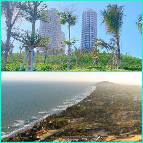two pictures of the ocean and a city with tall buildings at APEC MŨI NÉ in Ấp Long Sơn