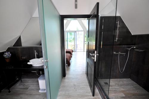 象島的住宿－白龍海景別墅，一间带水槽和玻璃门的浴室