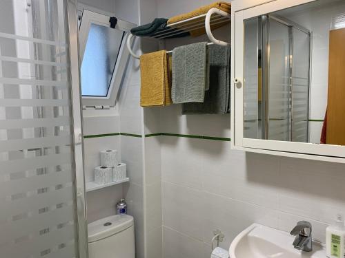 ein Badezimmer mit einem WC, einem Waschbecken und einem Spiegel in der Unterkunft Bonito y coqueto apartamento a 150metros de la playa 2 Línea in Playa de Gandia