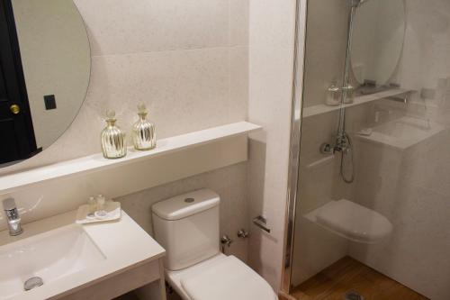 a bathroom with a toilet and a sink and a mirror at Hotel Villa el Descanso in Curicó