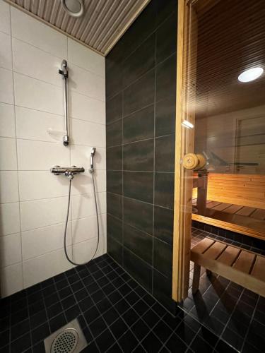 Koupelna v ubytování Top floor flat with sauna, A/C & free parking
