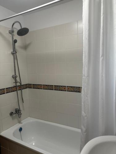 a bathroom with a bath tub with a shower curtain at Terraza con vistas mar/montaña in Buenavista del Norte