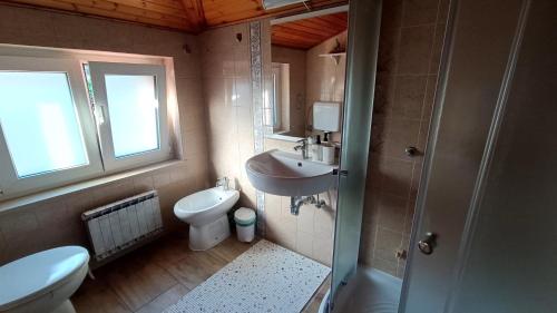 een kleine badkamer met een wastafel en een toilet bij Apartmaji Ri-100 in Portorož