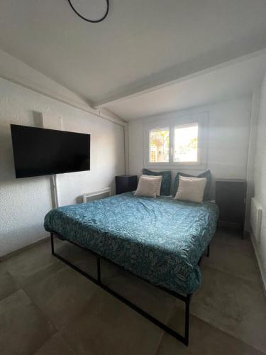 una camera con letto e TV a schermo piatto di Pt'i Cosy Cabestany - rénovée - La mer à 10 min a Cabestany