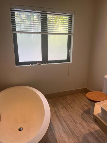 baño con lavabo y ventana en Luxury villa en Tamarin