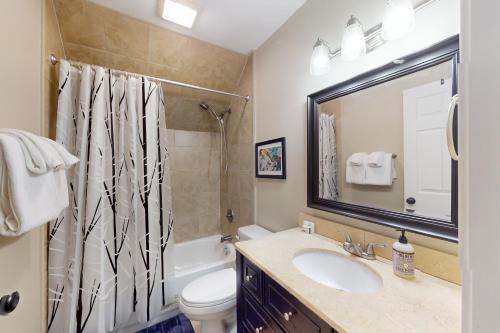 a bathroom with a sink and a shower and a toilet at Villa Zara Mountain Retreat in Banner Elk