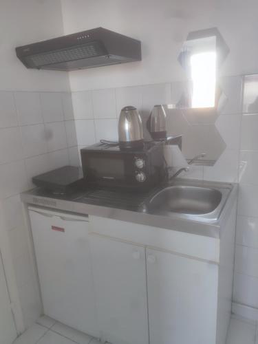 uma cozinha com um lavatório e uma torradeira num balcão em Oasis de détente em Aubervilliers