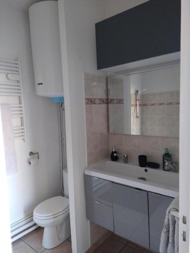 uma casa de banho branca com um WC e um lavatório em Valérie em Étampes