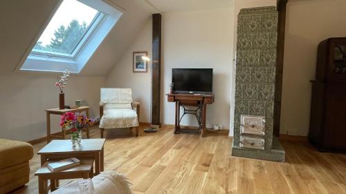 ein Wohnzimmer mit einem großen Fenster und einem TV in der Unterkunft Carolinga in Dresden