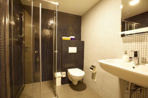 a bathroom with a toilet and a shower and a sink at Master Horse Club - Svojetice in Svojetice