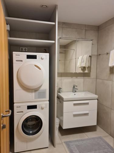 uma casa de banho com uma máquina de lavar roupa e um lavatório em Chesa Bunita Trais em Gaschurn