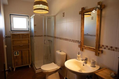 a bathroom with a toilet and a sink and a shower at Casa do Corgo in Ermida