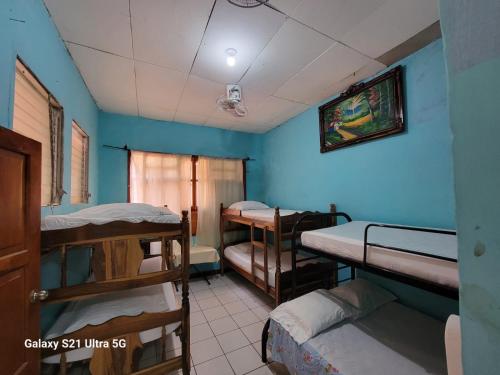 um quarto com 3 beliches e uma parede azul em Hostel Rossy em San Juan del Sur