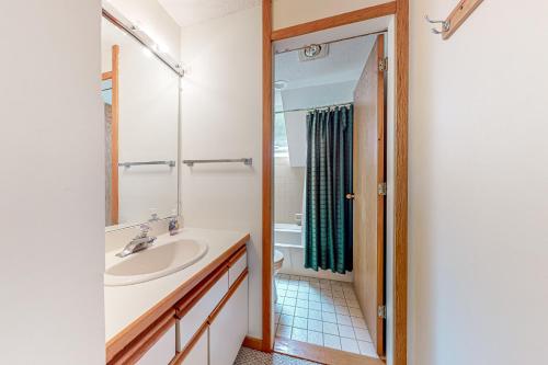 a bathroom with a sink and a mirror at Intervale 84 in Stratton Acres