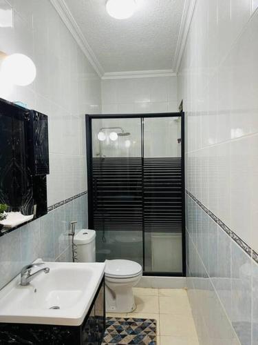 a bathroom with a shower and a toilet and a sink at Lovely 3 bedrooms rental unit in Aqaba