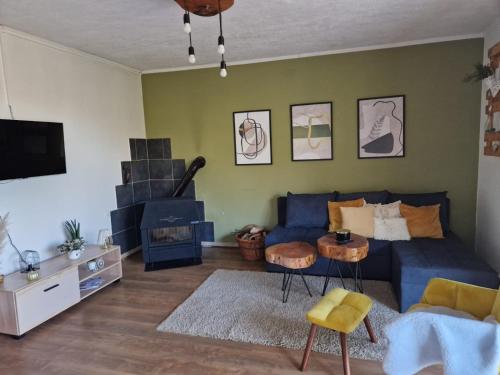 sala de estar con sofá azul y TV en Kuća za odmor ANAMARIJA, en Ogulin