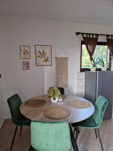a kitchen with a table and green chairs at Kuća za odmor ANAMARIJA in Ogulin