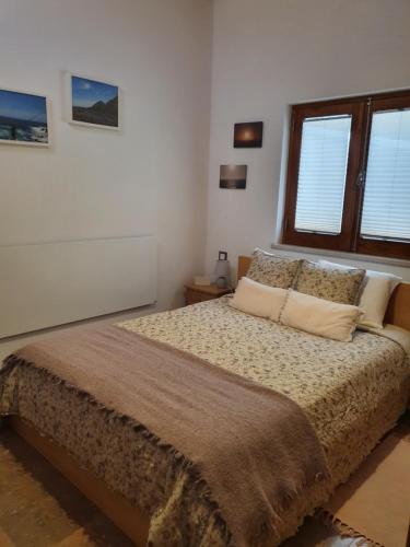 1 dormitorio con 1 cama grande y 2 ventanas en Casinha Laranja, en Monchique