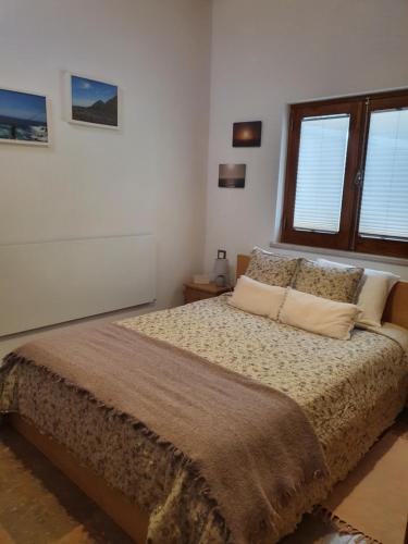 a bedroom with a large bed and two windows at Casinha Laranja in Monchique