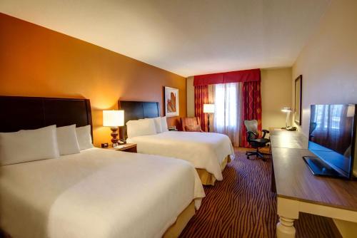 a hotel room with two beds and a television at Hilton Garden Inn Tampa Ybor Historic District in Tampa
