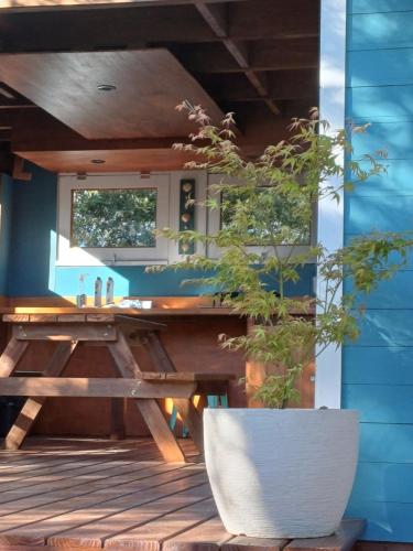 a wooden picnic table on a deck with a potted plant at Nairandey in La Pedrera