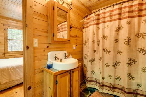 y baño con lavamanos y ducha en una cabina. en Quiet Balsam Grove Cabin Porch, Hot Tub, Dogs OK, en Balsam Grove