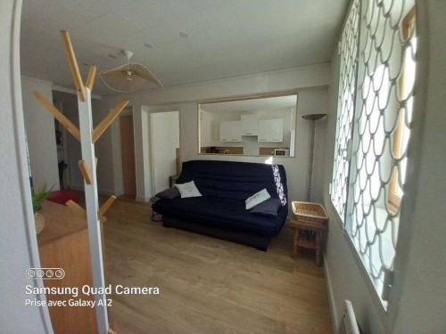 uma sala de estar com um sofá azul num quarto em Appart neuf pour 6 personnes em Vizille