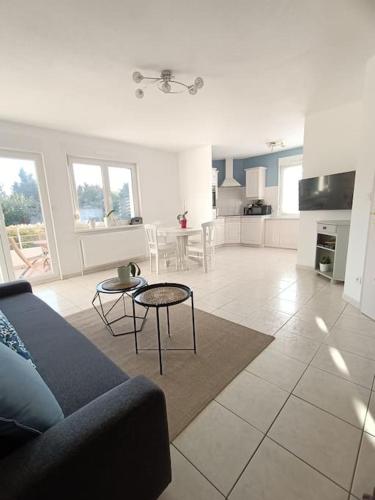 un salon avec un canapé et une table dans l'établissement Strasbourg 3 pièces avec jardin, à Brumath