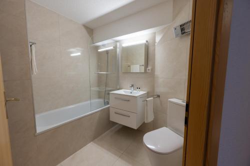 a bathroom with a toilet and a sink and a shower at Eden Resort Anzère in Anzère