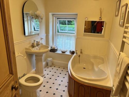 a bathroom with a toilet and a tub and a sink at Amelie Cottage in Beaumaris