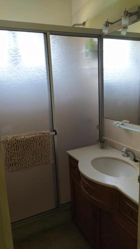 een badkamer met een douche, een wastafel en een spiegel bij Precioso apartamento en un entorno verde y tranquilo en playa mansa in Punta del Este