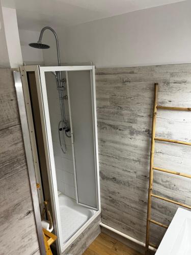 La salle de bains est pourvue d'un miroir et d'une douche. dans l'établissement Studio Chaleureux au Cap d’Agde, au Cap d'Agde